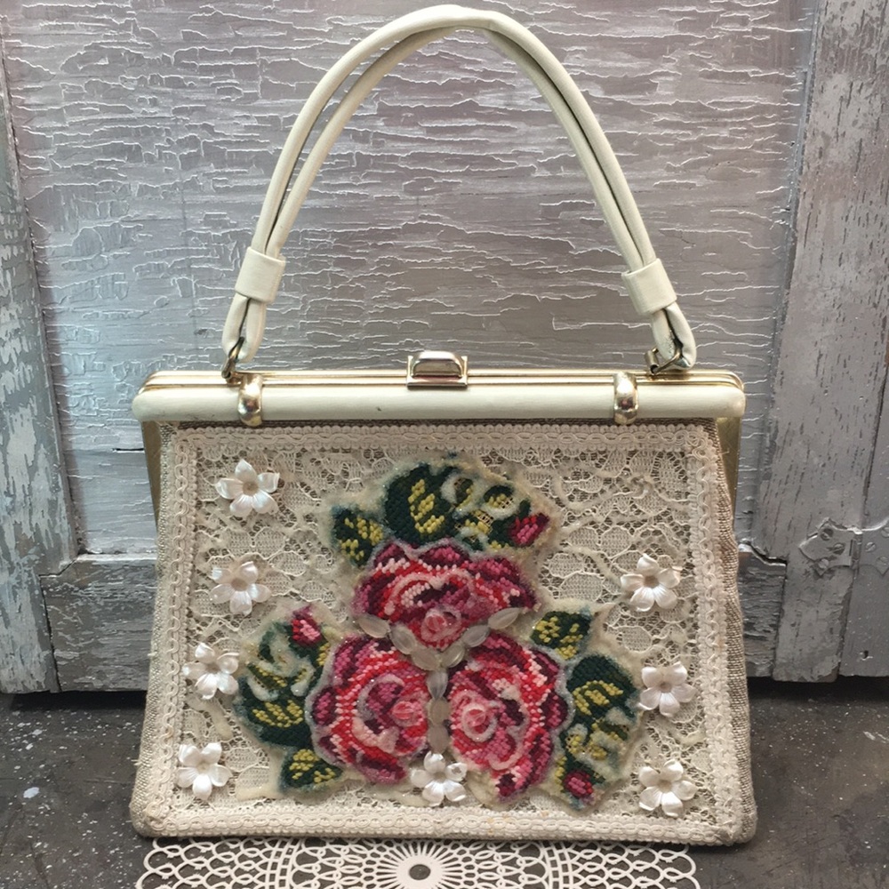 Vintage Crochet Floral burlap Handbag
